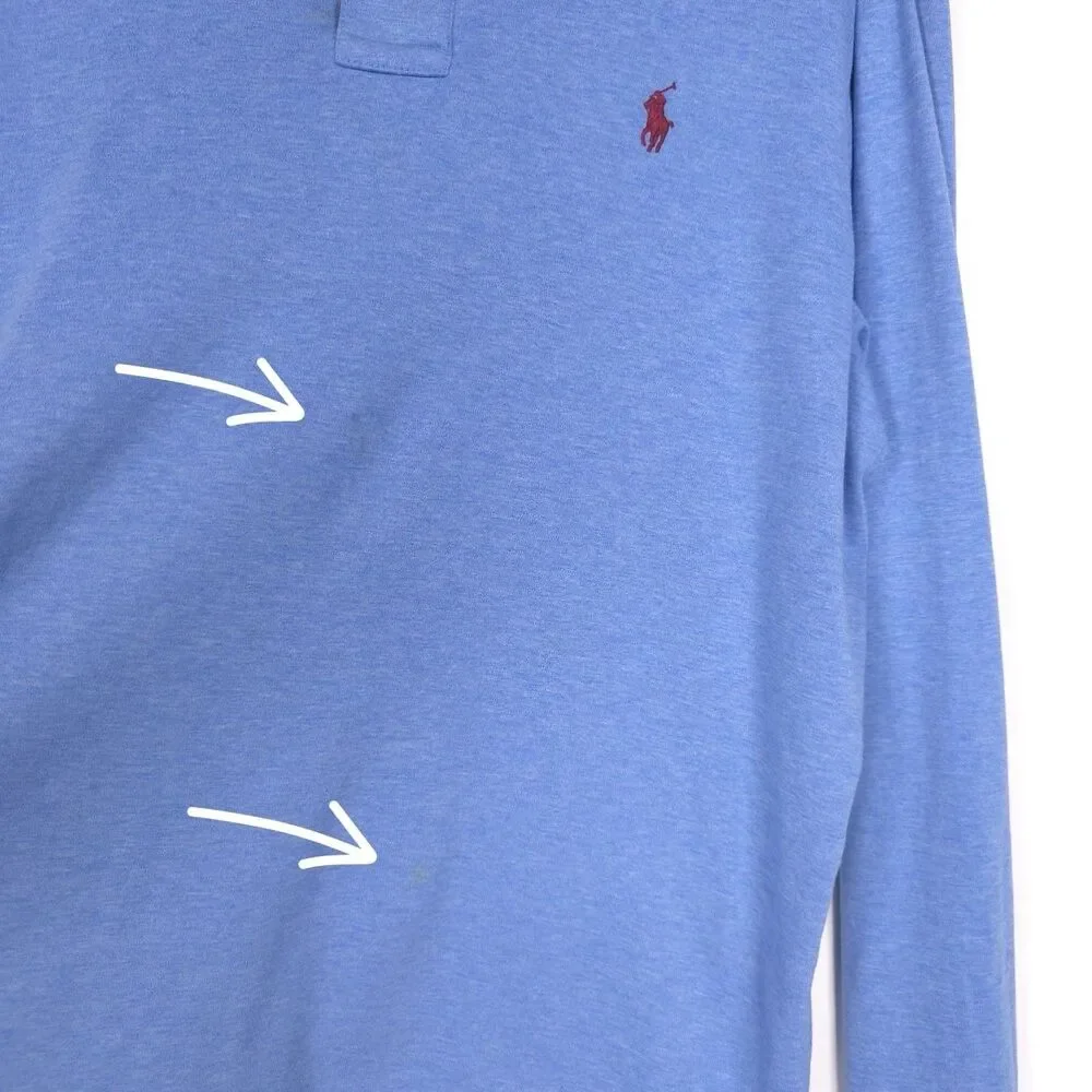 POLO RALPH LAUREN Pima Soft Touch Long Sleeve Blue Polo Shirt LARGE Suede Detail
